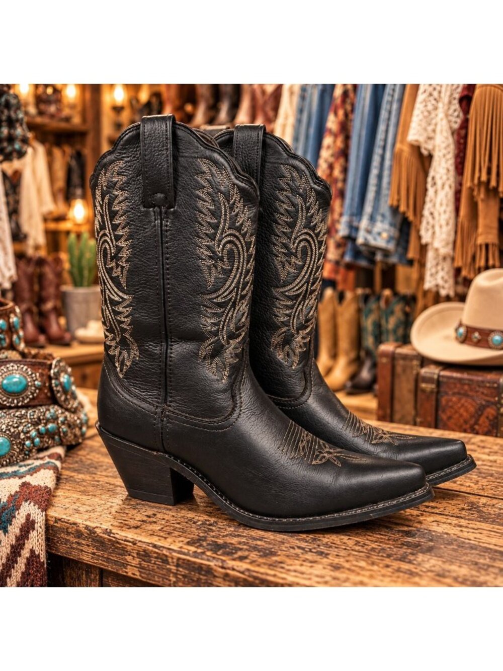 Masterson RB3431 Women's 9W 9 W Embroidered Black Leather Western Cowgirl Boots